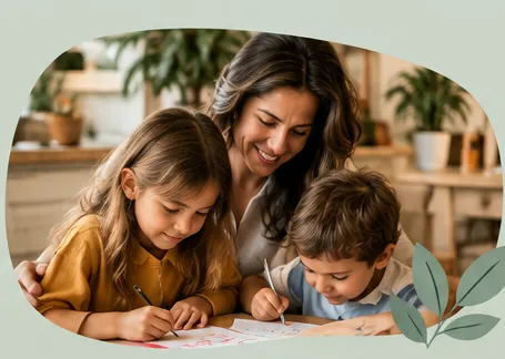 Una mamma sorridente aiuta due bambini a disegnare al tavolo di casa.