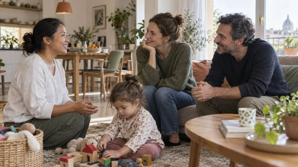 Una helper gioca con una bambina sul tappeto del soggiorno mentre i genitori, seduti sul divano, conversano sorridendo con lei.