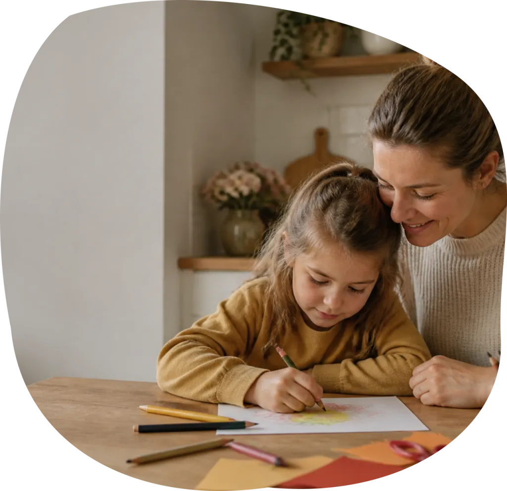 Mamma e figlia che disegnano insieme al tavolo di casa