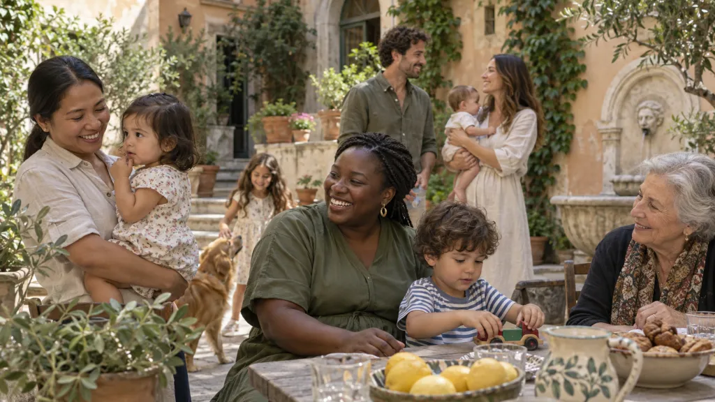 Famiglie e helper insieme nel cortile di casa, con bambini e una nonna