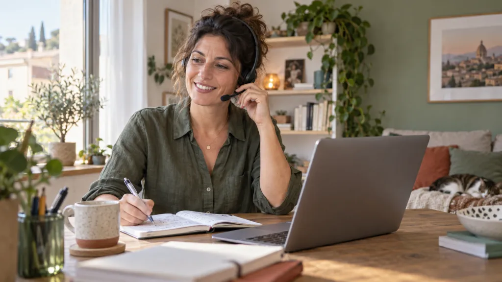Una helper sorridente al computer, con cuffie e quaderno